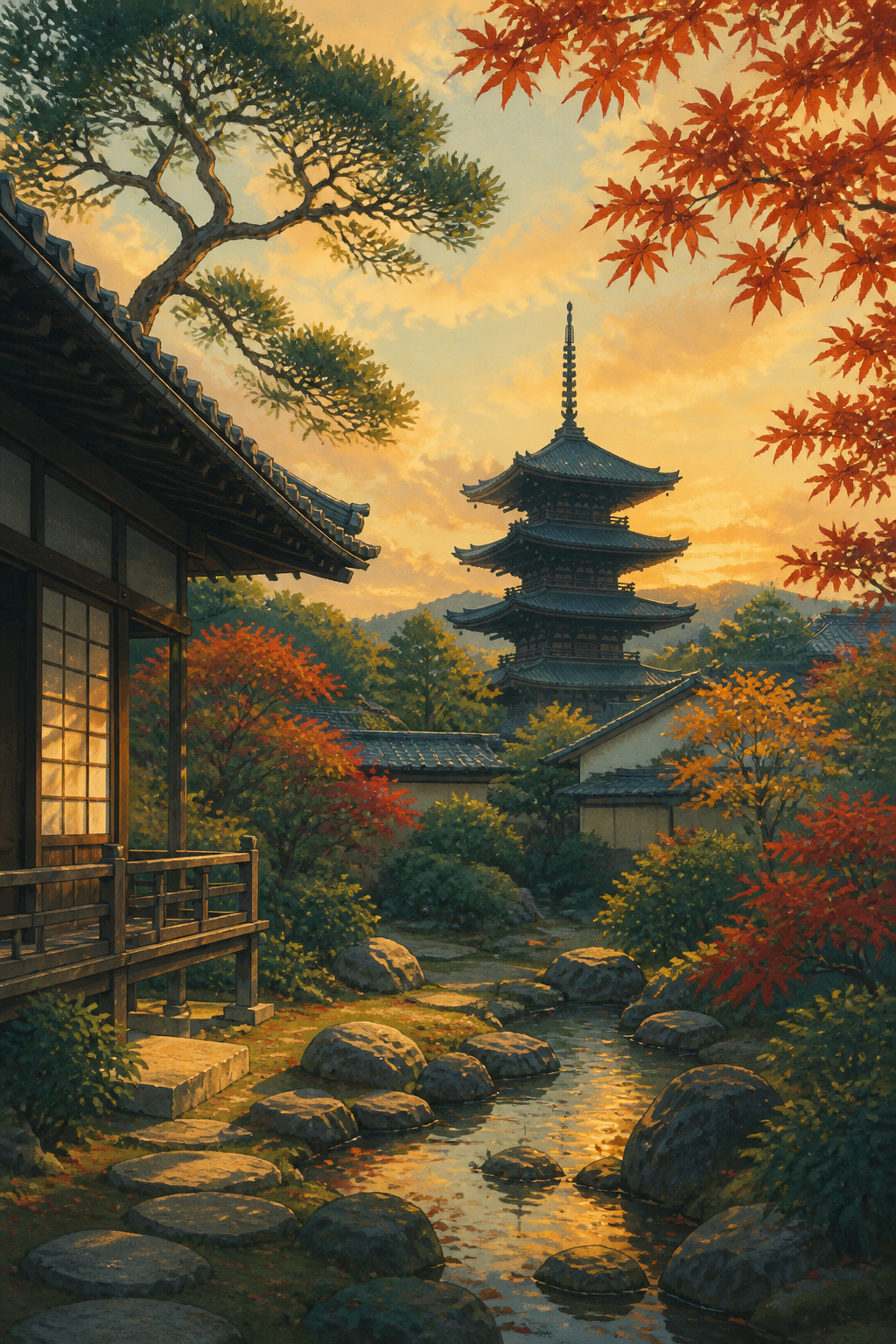 Pagoda japonesa en un jardín tranquilo